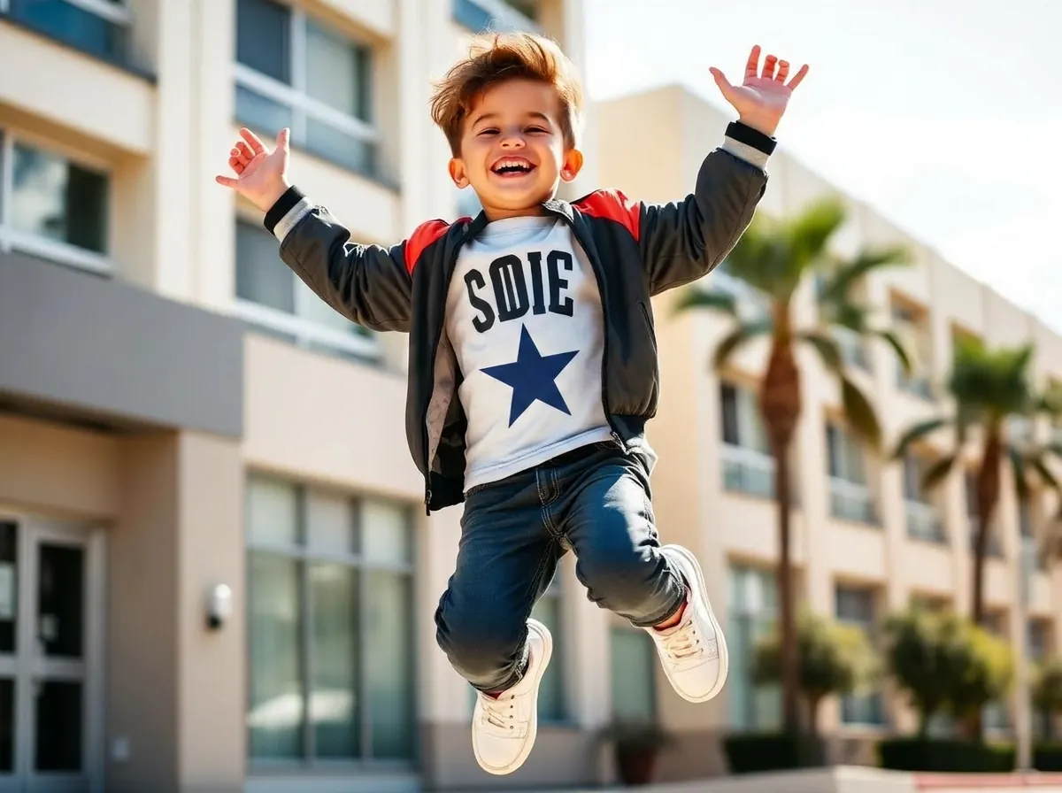 Cheerful boy in comfortable kids streetwear outfits for everyday wear