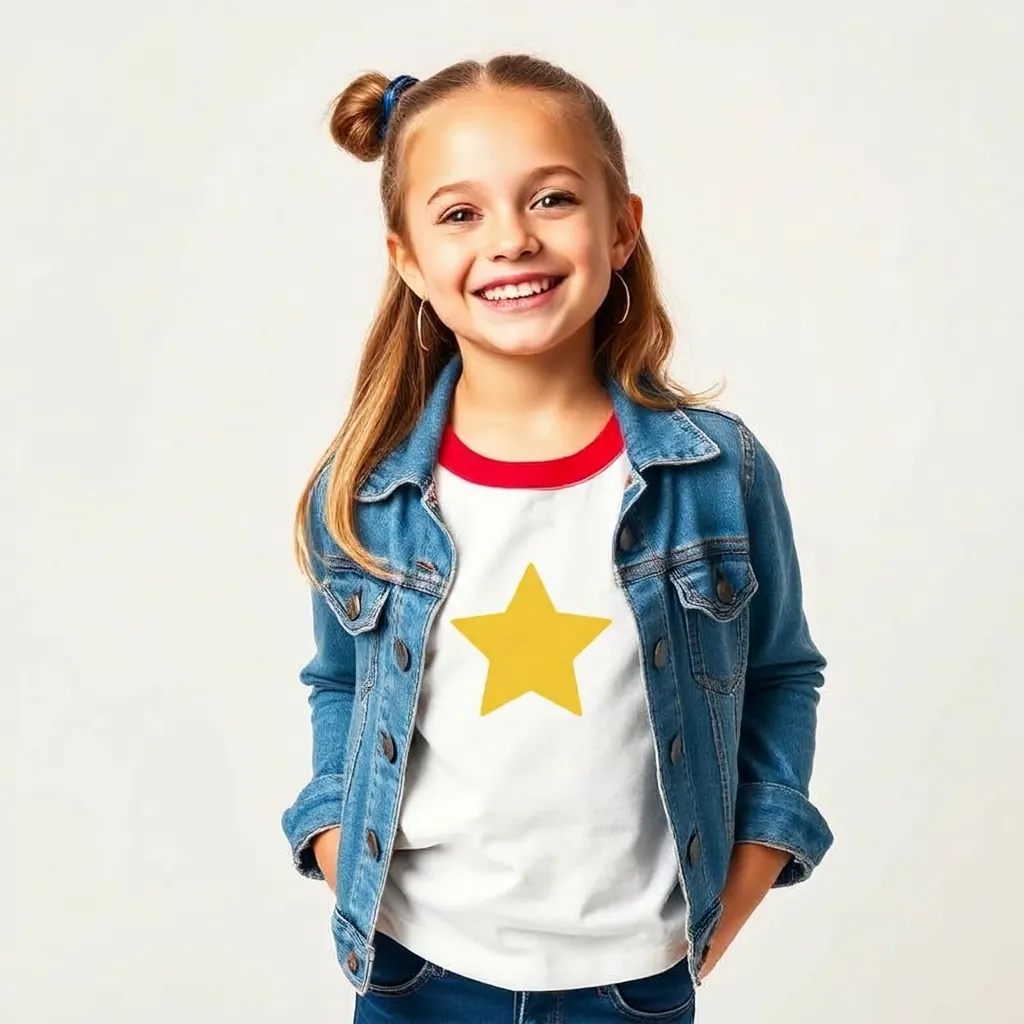 Girl wearing trendy kids urban fashion denim jacket