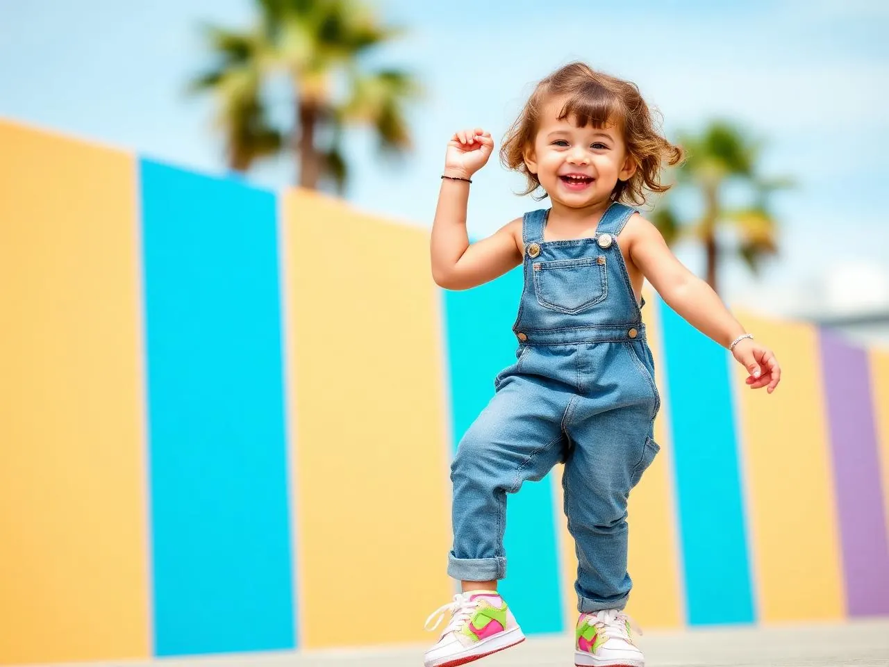 Smiling toddler in trendy toddler streetwear look